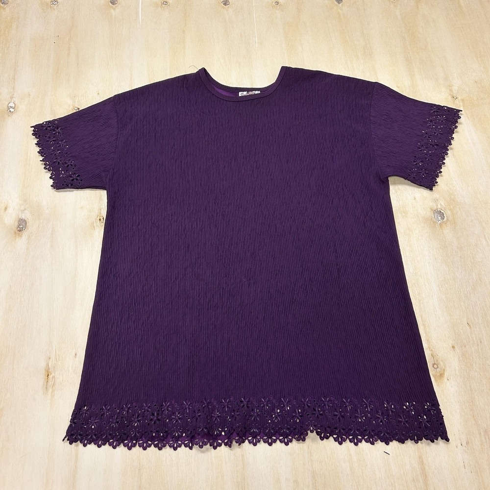 Vintage Superline Blouse Womens XL Purple Crochet Hem Crew Neck Short Tunic Top